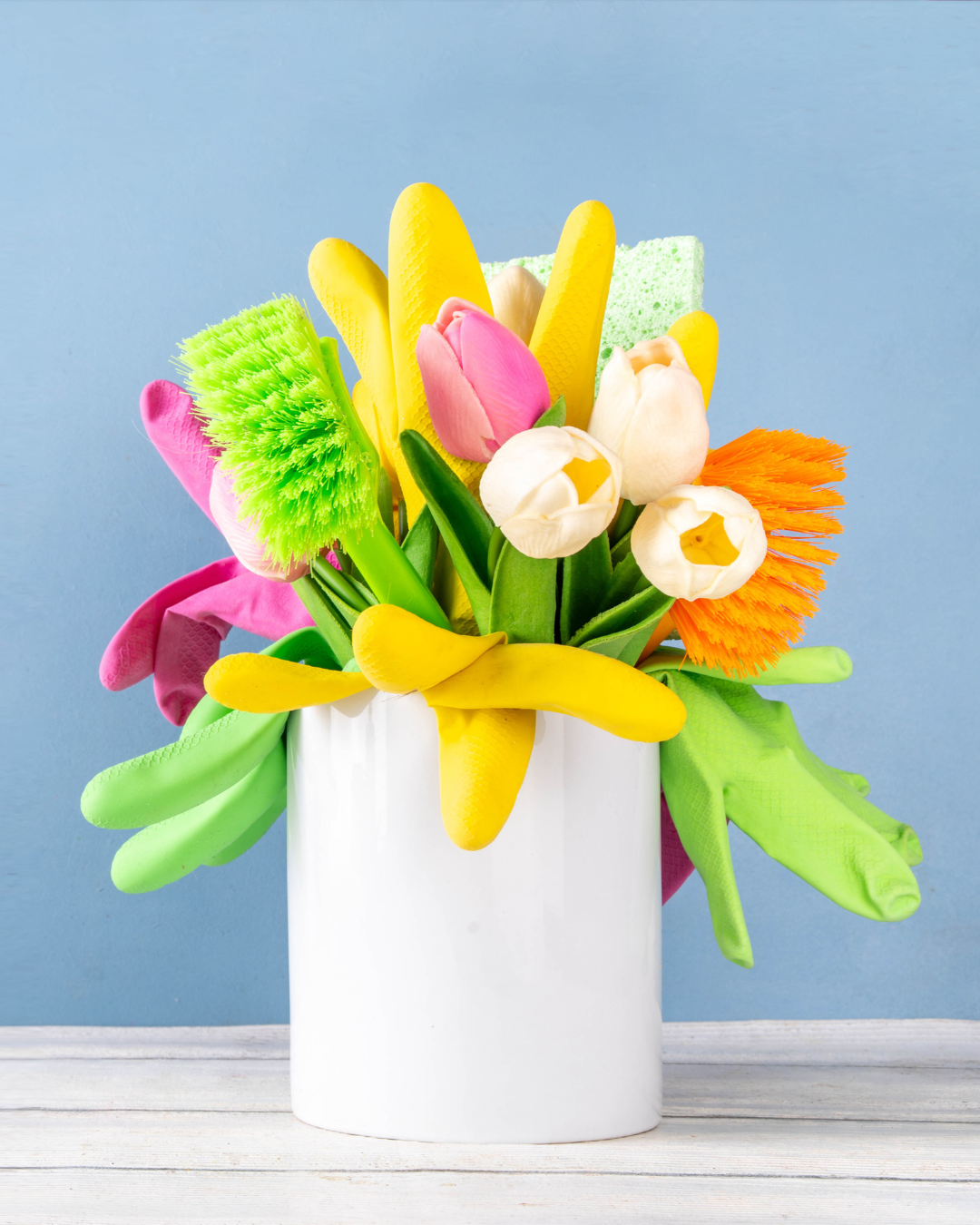 Supplies to tackle 25-day spring cleaning checklist for families.