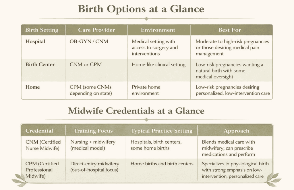 Infographic comparing birth options in Texarkana including hospital, birth center, and home birth settings with care providers and benefits